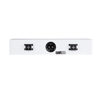 Spatele boxei centru Polk Audio Reserve R350 alb, cu suporturi de montare și conectori vizibili.