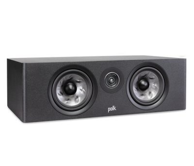 Boxa centru Polk Audio Reserve R400, neagră, vedere din dreapta, fără grilaj, cu două difuzoare vizibile.