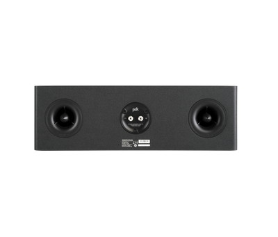 Spatele boxei Polk Audio Reserve R400, culoare neagră, arată conectorii și porturile acustice duale.