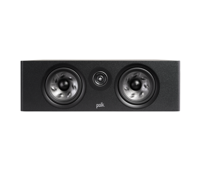 Boxa centru Polk Audio Reserve R400, negru, vedere frontală fără grilaj, cu două difuzoare și tweeter.