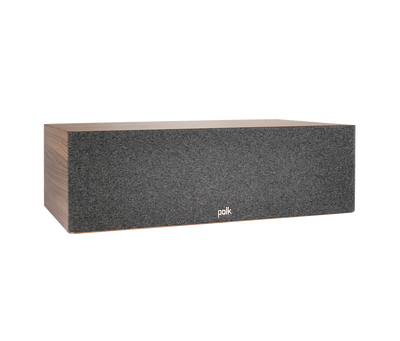 Boxa centru Polk Audio Reserve R400, culoare maro, vedere din unghi dreapta cu grilaj frontal vizibil.