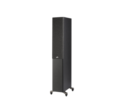 Polk Audio Reserve R500 boxă de podea neagră, vedere din stânga cu grilaj frontal, pe suport stabil.