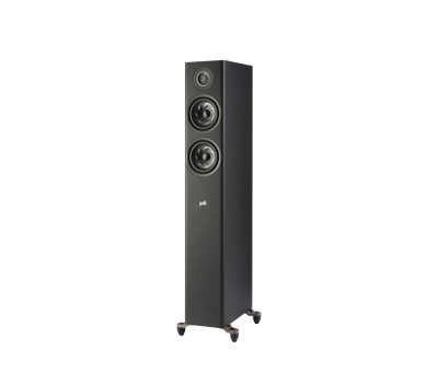Polk Audio Reserve R500 boxă de podea neagră, vedere din stânga, două difuzoare vizibile, suport stabil.