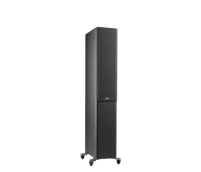 Polk Audio Reserve R500 Boxe de podea, negru, vedere din dreapta cu grilaj, suporturi metalice vizibile.