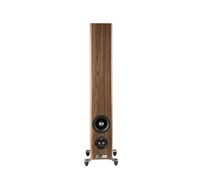 Polk Audio Reserve R500, vedere din spate, culoare maro, terminale de conectare și port bass reflex.