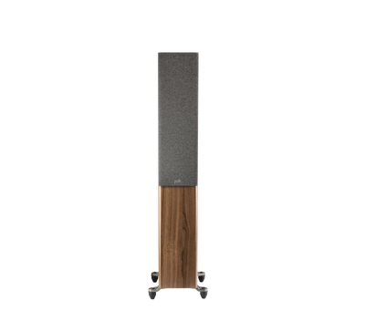 Boxa de podea Polk Audio Reserve R500, vedere frontală, culoare maro, grilaj gri, pe suporturi metalice.