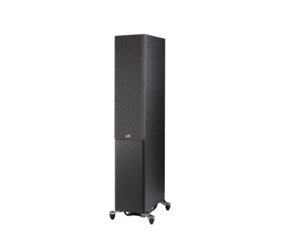 Polk Audio Reserve R600 Boxe de podea, negru, vedere din stânga cu grilaj, pe suport metalic.