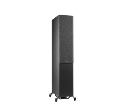 Polk Audio Reserve R600 Boxe de podea, negru, vedere din dreapta cu grilaj, suporturi metalice vizibile.