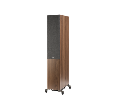 Boxă de podea Polk Audio Reserve R600, maro, vedere din unghi stânga, grilaj frontal vizibil.