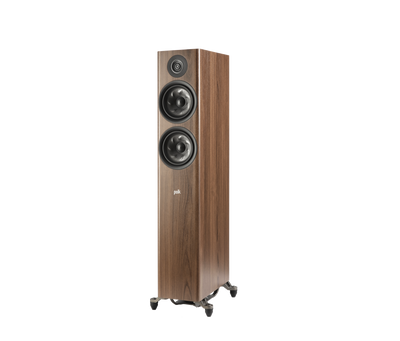 Boxa de podea Polk Audio Reserve R600, vedere din stânga, culoare maro, cu două difuzoare mari și un tweeter.