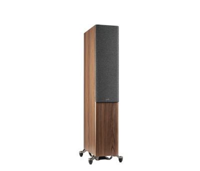Boxa de podea Polk Audio Reserve R600, maro, unghi dreapta, grilaj frontal vizibil, finisaj lemn.