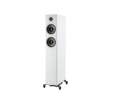 Boxă de podea albă Polk Audio Reserve R600, vedere din stânga, cu două difuzoare și un tweeter vizibile.