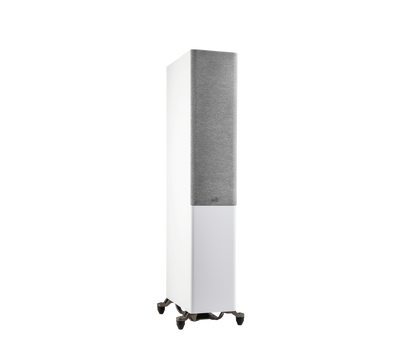 Polk Audio Reserve R600 Boxă de podea albă, vedere din dreapta cu grilaj gri, suporturi metalice vizibile.