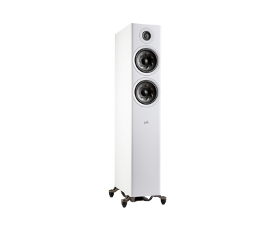 Polk Audio Reserve R600 Boxe de podea, alb, vedere din dreapta. Prezintă două woofere și un tweeter.