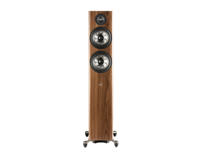 Boxa de podea Polk Audio Reserve R600, vedere frontală, finisaj lemn, două woofere și un tweeter vizibile.