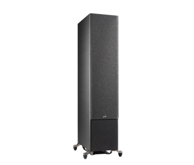 Polk Audio Reserve R700 Boxe de podea, negru, vedere din dreapta cu grilaj, suporturi metalice vizibile.