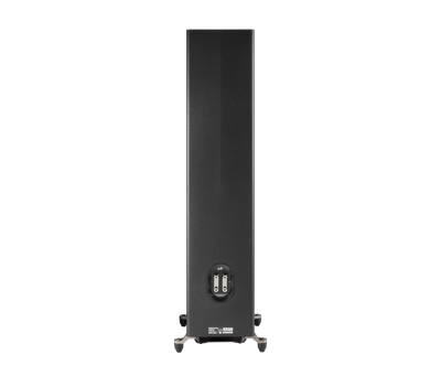 Spatele boxei Polk Audio Reserve R700, negru, cu conectori bi-wire și etichete tehnice vizibile.