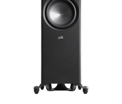 Polk Audio Reserve R700 Boxe de podea, negru, close-up difuzor frontal și suport stabil.