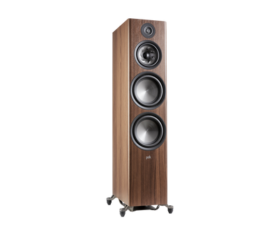Boxa de podea Polk Audio Reserve R700, culoare maro, vedere din unghi dreapta, cu trei difuzoare vizibile.