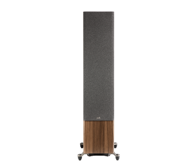 Polk Audio Reserve R700, vedere frontală cu grilaj gri și finisaj maro. Boxă de podea pentru home theater.