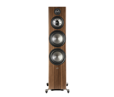 Boxă de podea Polk Audio Reserve R700, vedere frontală, culoare maro, cu trei difuzoare vizibile.