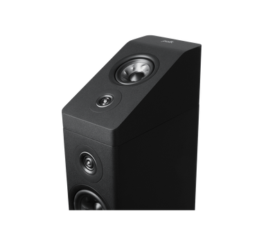 Polk Audio Reserve R900HT Boxe Dolby Atmos, negru, vedere de sus. Prezintă difuzoare înclinate pentru sunet surround.