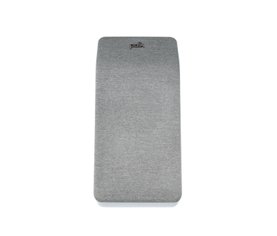 Polk Audio Reserve R900HT, vedere frontală, grilaj gri. Boxă albă, logo Polk vizibil sus. Boxe Dolby Atmos.
