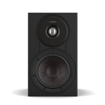 Boxă de raft Dali Sonik 1 Black Ash, vedere frontală, cu tweeter și woofer vizibile pentru sunet clar.