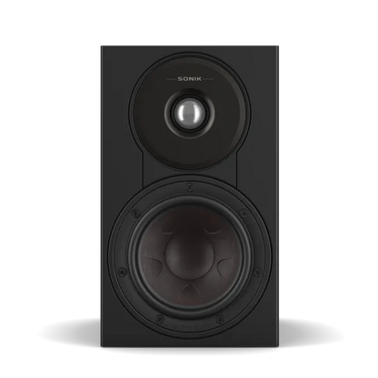 Boxă de raft Dali Sonik 1 Black Ash, vedere frontală, cu tweeter și woofer vizibile pentru sunet clar.