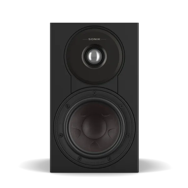 Boxă de raft Dali Sonik 1 Black Ash, vedere frontală, cu tweeter și woofer vizibile pentru sunet clar.