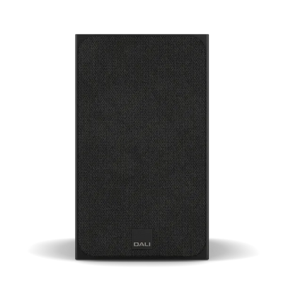 Boxă de raft Dali Sonik 1 negru Black Ash, vedere frontală cu grilă textilă și logo DALI vizibil.