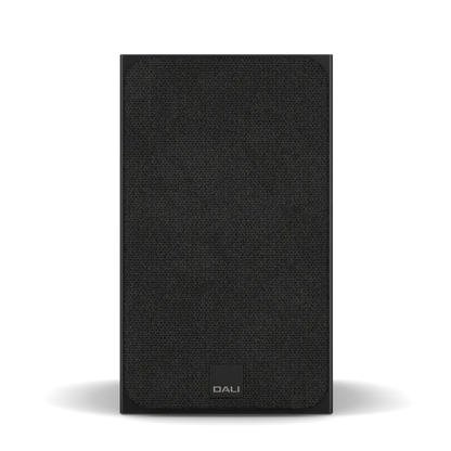 Boxă de raft Dali Sonik 1 negru Black Ash, vedere frontală cu grilă textilă și logo DALI vizibil.
