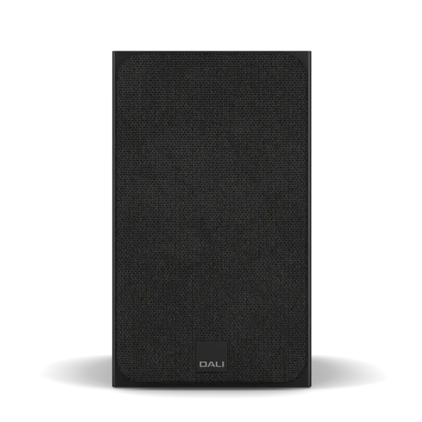 Boxă de raft Dali Sonik 1 negru Black Ash, vedere frontală cu grilă textilă și logo DALI vizibil.