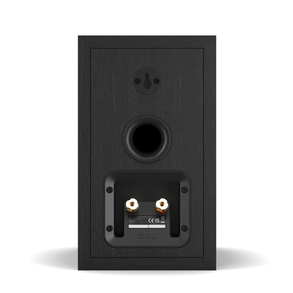 Spate boxă Dali Sonik 1 culoare Black Ash, cu port bass reflex și conectori bi-wire aurii vizibili.