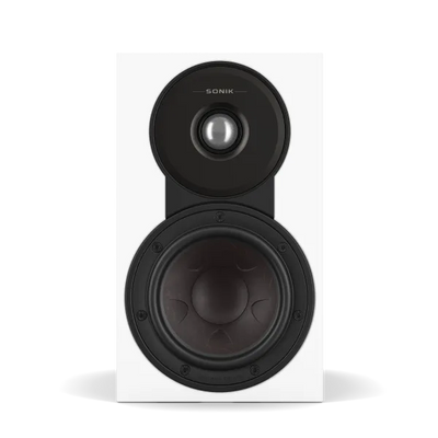 Boxă Dali Sonik 1 albă, vedere frontală, cu tweeter și woofer vizibile pentru sistem audio Hi-Fi.