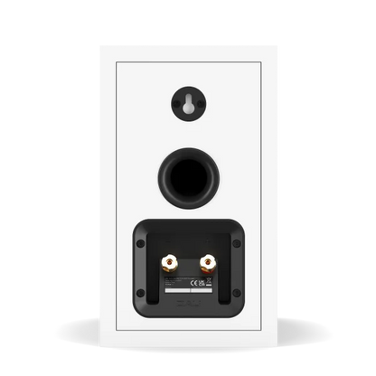 Boxă de raft Dali Sonik 1 albă, vedere din spate cu port bass reflex și conectori pentru cabluri audio.