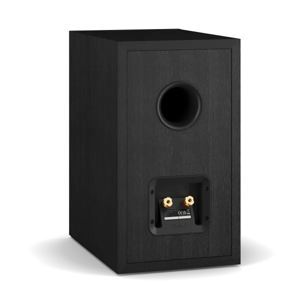Boxă de raft Dali Sonik 3 culoare Black Ash, vedere spate cu port bass reflex și conectori audio.
