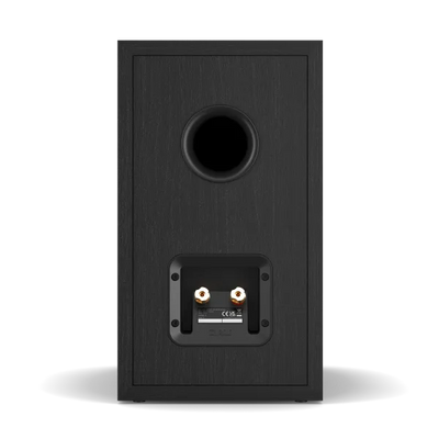 Spate boxă Dali Sonik 3 Black Ash cu port bass reflex rotund și conectori bi-wire aurii vizibili.