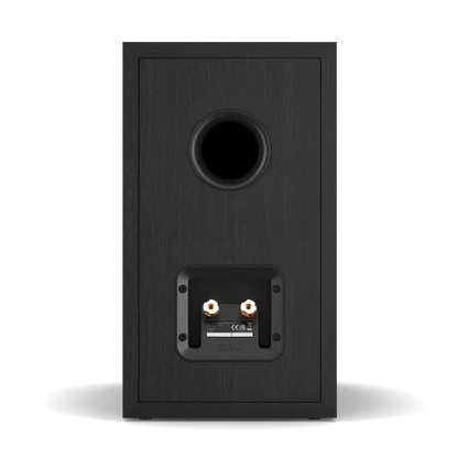 Spate boxă Dali Sonik 3 Black Ash cu port bass reflex rotund și conectori bi-wire aurii vizibili.