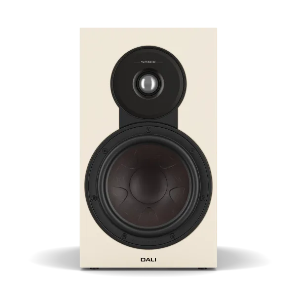 Boxă de raft Dali Sonik 3 culoare stejar natural, vedere frontală, cu woofer și tweeter vizibile.