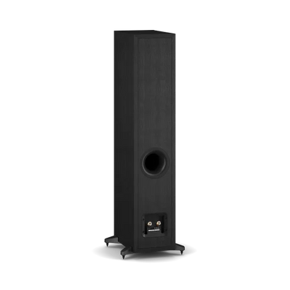 Boxă de podea Dali Sonik 5 negru frasin, vedere spate cu port bass reflex și conectori audio.