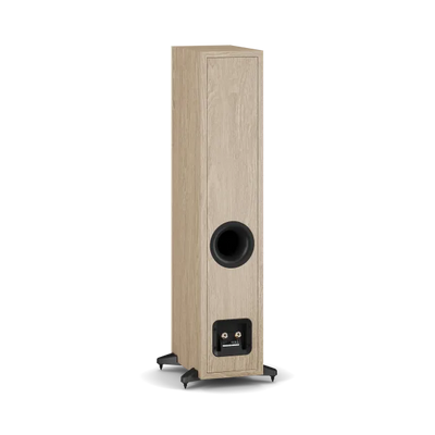 Boxă de podea Dali Sonik 5 culoare stejar natural, vedere spate cu port bass reflex și conectori audio.