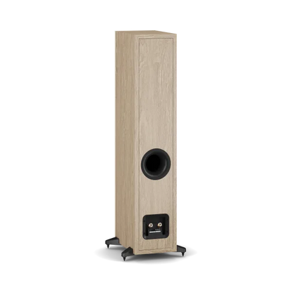 Boxă de podea Dali Sonik 5 culoare stejar natural, vedere spate cu port bass reflex și conectori audio.