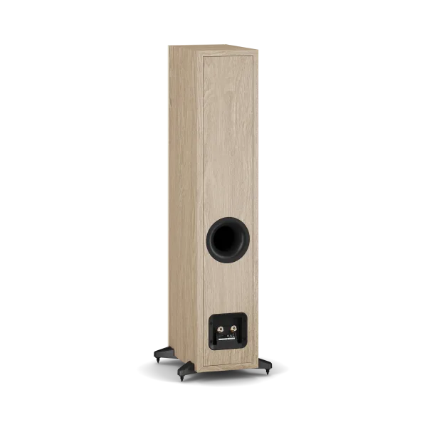 Boxă de podea Dali Sonik 5 culoare stejar natural, vedere spate cu port bass reflex și conectori audio.