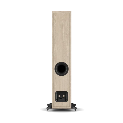 Boxă de podea Dali Sonik 5 culoare stejar natural, vedere spate cu port bass reflex și conectori audio.