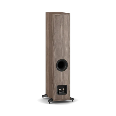 Boxă de podea Dali Sonik 5 culoare nuc, vedere spate cu port bass reflex și conectori audio.