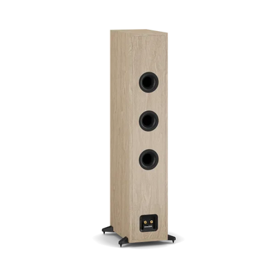 Boxă de podea Dali Sonik 9 culoare stejar natural, vedere spate cu trei porturi bass reflex și conectori audio.