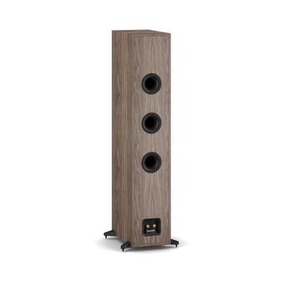 Boxă de podea Dali Sonik 9 culoare nuc, vedere spate cu trei porturi bass reflex și conectori audio.