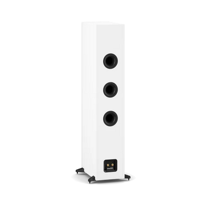 Boxă de podea Dali Sonik 9 albă, vedere spate, cu trei porturi bass reflex și conectori audio.