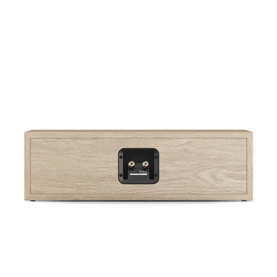 Dali Sonik Cinema boxă centru Natural Oak, vedere spate, panou conexiuni cu borne speaker și etichetă CE